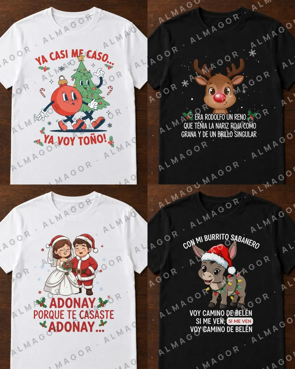Cuatro camisetas navideñas, dos blancas y dos negras