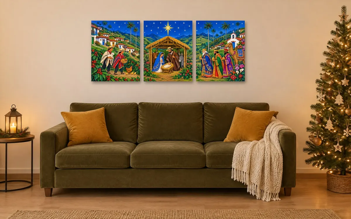 Pesebre de pueblo colgado en una sala