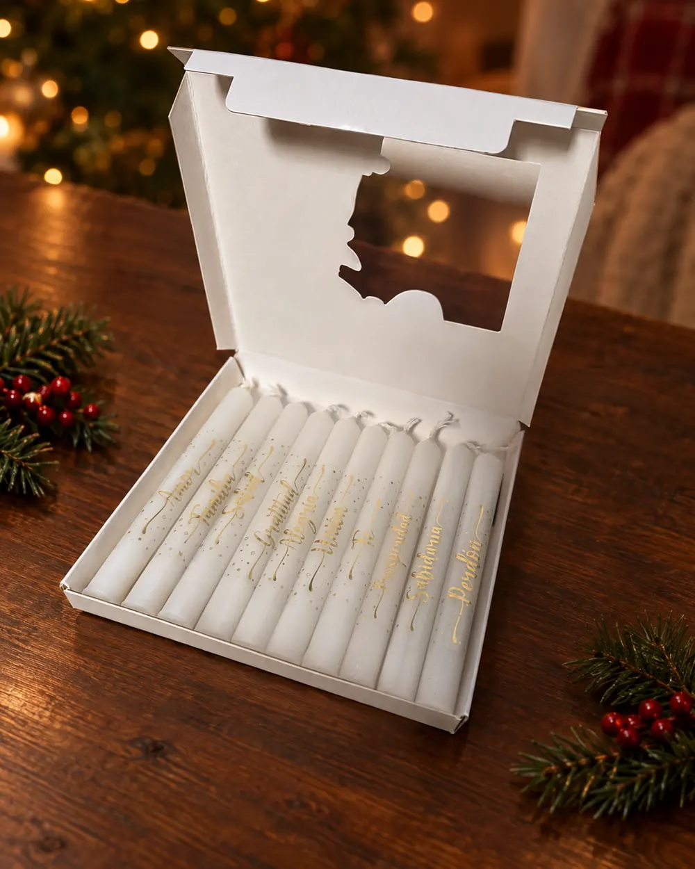 Caja abierta con diez velas blancas marcadas con palabras en dorado