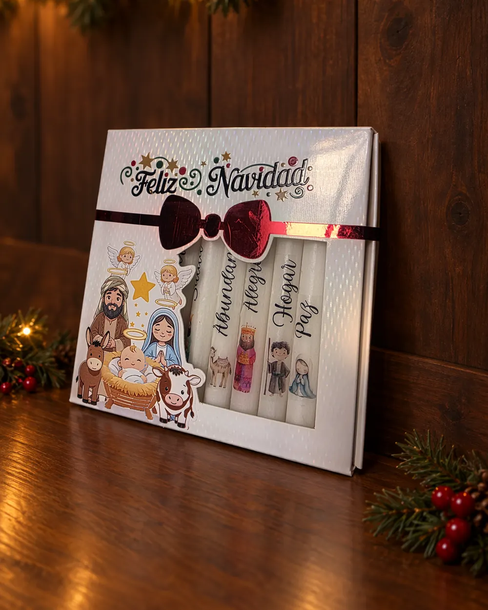 Caja cerrada de velas pesebre, con moño rojo